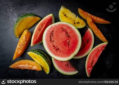 Fresh organic watermelon and melon with a slices on black background, top view. Fresh organic watermelon and melon