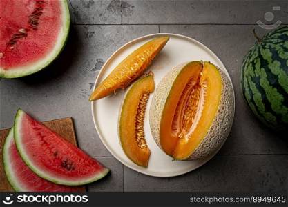 Fresh organic watermelon and melon with a slices on gray background, top view. Fresh organic watermelon and melon