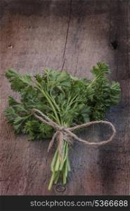 Fresh parsley on grunge worn wooden background
