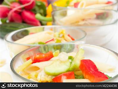 Fresh Pasta Salad With Tomatoes, Pepper, Cucumber, Radish and Lettuce
