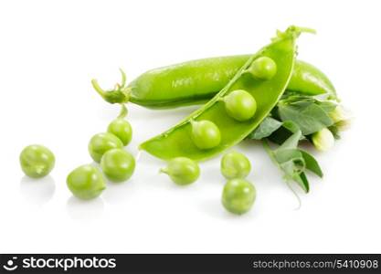 Fresh pea pods with flower isolated on white