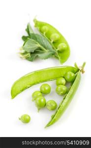 Fresh pea pods with flower isolated on white