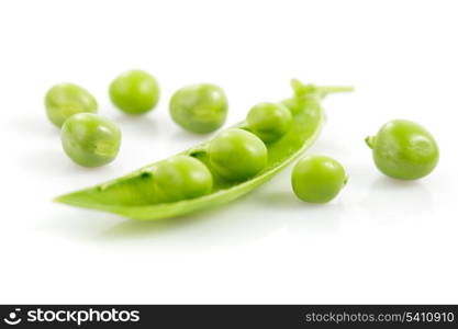 Fresh pea pods with flower isolated on white