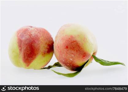 Fresh peach fruits on a white background