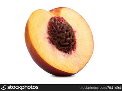 Fresh peach isolated. Organic nectarine or peach slice on white background. Cut out with clipping path. Fresh peach isolated on white