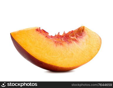 Fresh peach isolated. Organic nectarine or peach slice on white background. Cut out with clipping path. Fresh peach isolated on white