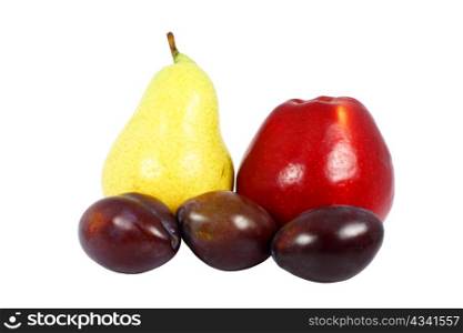 Fresh pear, apple and three plums, isolated