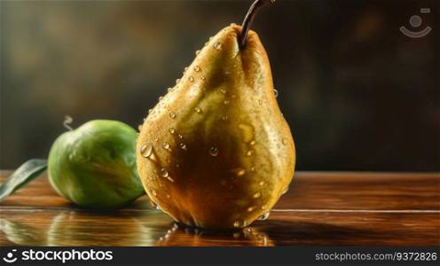 Fresh pears background, top view, farm organic fruits. Header banner mockup with copy space. AI generated.. Fresh pears background, top view, farm organic fruits. AI generated.