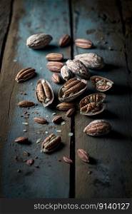 Fresh pecans and broken shells on a rustic wooden background. Illustration Generative AI 