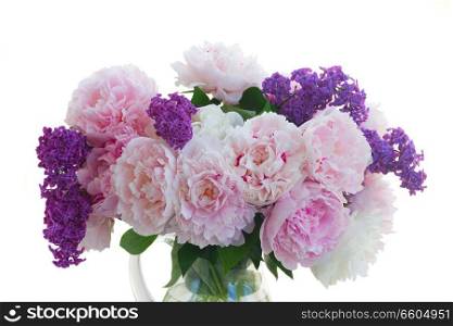 Fresh peony and lilac flowers buds colored in shades of pink close up isolated on white background. Fresh peony flowers