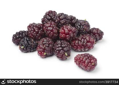 Fresh picked ripe mulberries on white background