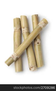 Fresh pieces of sugar cane sticks on white background