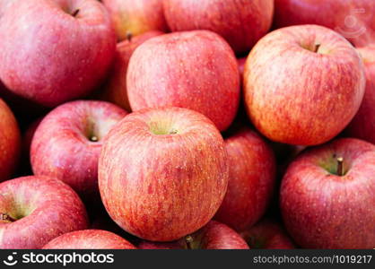 Fresh pinky red Fuji apple, pile of Aomori Ringo in fruit season at farmer market close up.