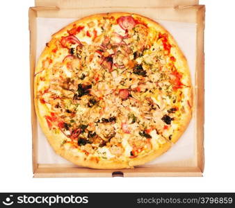 fresh pizza in box, isolated on white