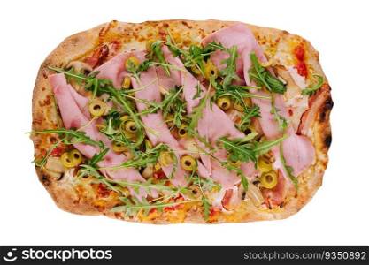 Fresh pizza isolated on white top view