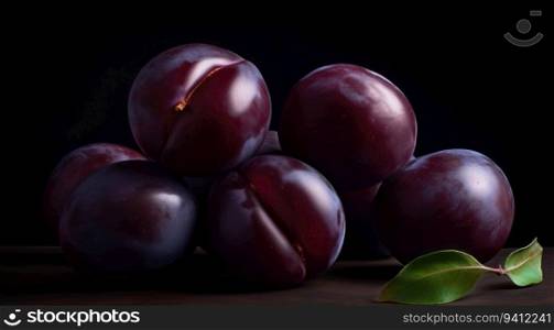 Fresh plums background, top view closeup, farm natural organic fruits. Header banner mockup with copy space. AI generated.. Fresh plums background, top view closeup, farm natural organic fruits. AI generated.