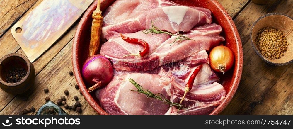Fresh pork meat for cooking. Uncooked pork loin.. Raw pork loin, meat