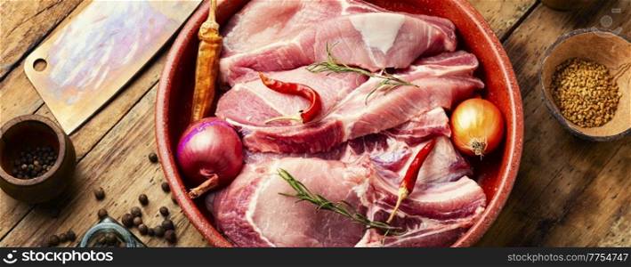 Fresh pork meat for cooking. Uncooked pork loin.. Raw pork loin, meat