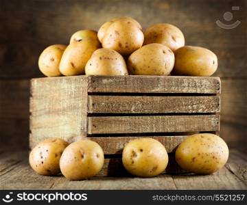 fresh potatoes in wooden box
