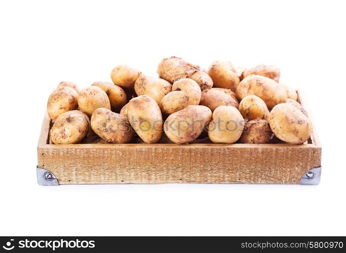 fresh potatoes in wooden box on white background