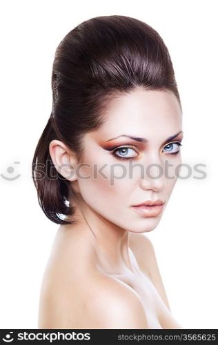 fresh pretty lady with clean skin on white background