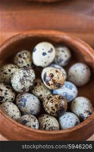 Fresh quail eggs. Fresh quail eggs at wooden plate closeup