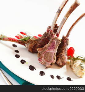 Fresh rack of lamb, carr  d’agneau, on a white plate with herbs, rosemary, basil and sauces. Meat of light roasting. Traditional French cuisine. Side view, close up. AI generated.. Fresh rack of lamb, carr  d’agneau, on a white plate with herbs, rosemary, basil and sauces. Side view, close up. AI generated.