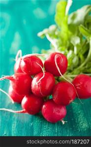 fresh radish with leaves over green background