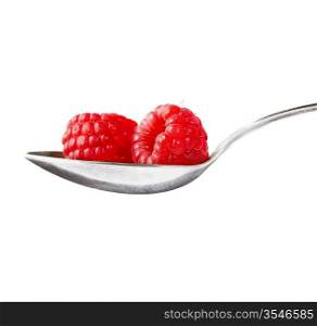 fresh raspberries with dessert spoon isolated on white background