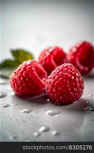Fresh Raspberries with Glistening Droplets of Water on White Background. Generative AI. High quality illustration. Fresh Raspberries with Glistening Droplets of Water on White Background. Generative AI