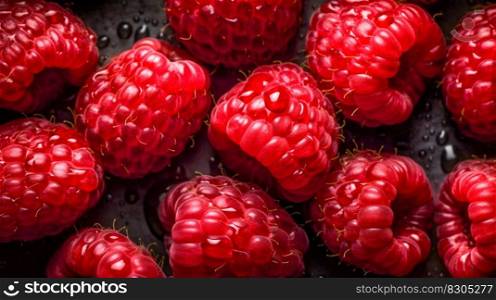 Fresh Raspberries with Glistening Droplets of Water, Top-Down View Seamless Background. Generative AI. High quality illustration. Fresh Raspberries with Glistening Droplets of Water, Top-Down View Seamless Background. Generative AI