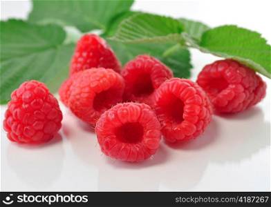 fresh raspberries with leaves on white background
