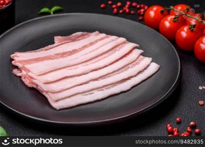 Fresh raw bacon cut into slices with salt, spices and herbs on a dark textured concrete background