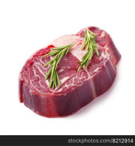 fresh raw beef steak with bone and rosemary isolated on white background. raw beef steak isolated on white background
