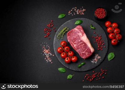 Fresh raw beef striploin steak with salt, spices and herbs on a dark concrete background