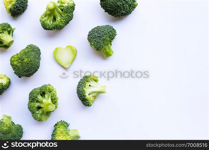 Fresh raw broccoli on white background. Copy space