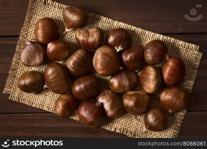 Fresh raw chestnuts, photographed overhead on wood with natural light (Selective Focus, Focus on the top of the chestnuts)