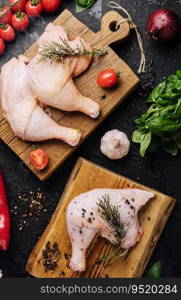 Fresh raw chicken thighs, legs on a cutting board with spices