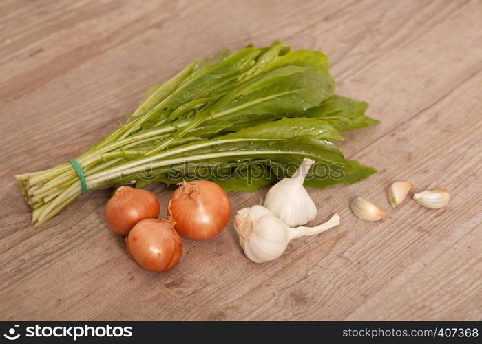 Fresh raw chicory on wooden background