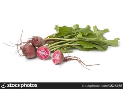 Fresh raw Chioggia beets on white background