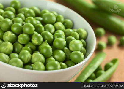 Fresh raw green pea (lat. Pisum Sativum) in white bowl (Selective Focus, Focus on the peas in the middle of the bowl). Fresh Raw Green Pea in White Bowl