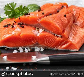 Fresh raw king salmon fillets on natural stone with herbs and seasoning