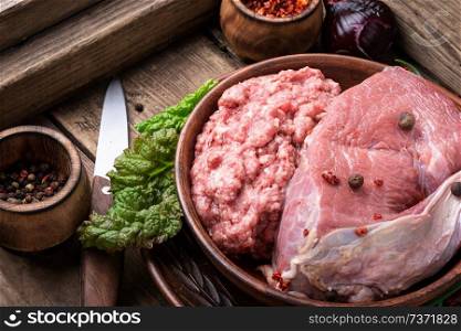 Fresh raw meat and minced beef.Raw uncooked beef. Beef and farce