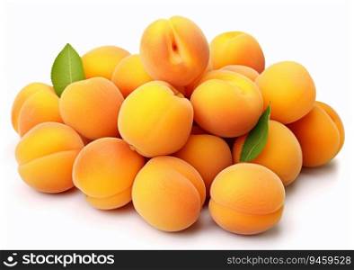 Fresh raw organic apricots with leaf on white background.AI Generative