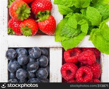 Fresh raw organic berries in white wintage wooden box on kitchen table background. Strawberry, Raspberry, Blueberry and Mint leaf