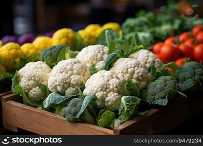 Fresh raw organic cauliflower with leaves. Generative AI