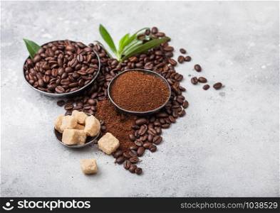 Fresh raw organic coffee beans with ground powder and cane sugar cubes with coffee trea leaf on light kitchen table.