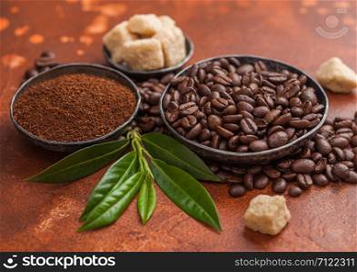 Fresh raw organic coffee beans with ground powder and cane sugar cubes with coffee trea leaf on brown.