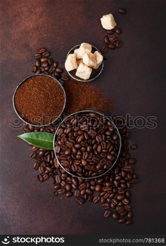 Fresh raw organic coffee beans with ground powder and cane sugar cubes with coffee trea leaf on brown.
