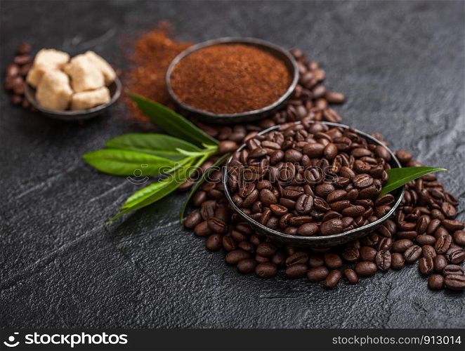Fresh raw organic coffee beans with ground powder and cane sugar cubes with coffee trea leaf on black.